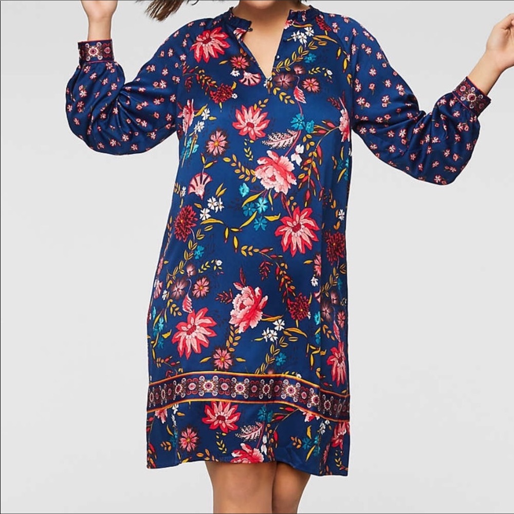 Loft Satiny Floral Mandarin Collar Shift Dress S